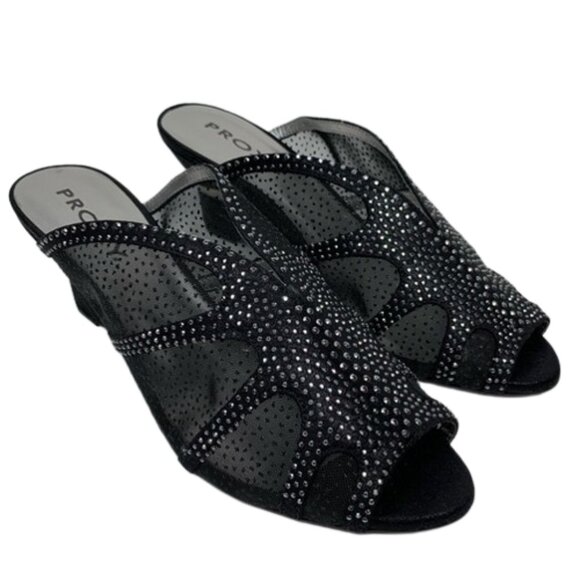 Proxy Womens 6.5M Gail Black Jeweled Mesh Mules Wedges Dress Sandals Shoes - Picture 2 of 2